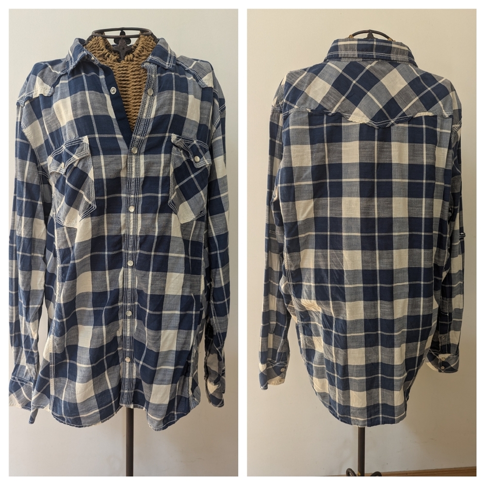INC International Concepts pearl snap blue Western plaid shirt XL